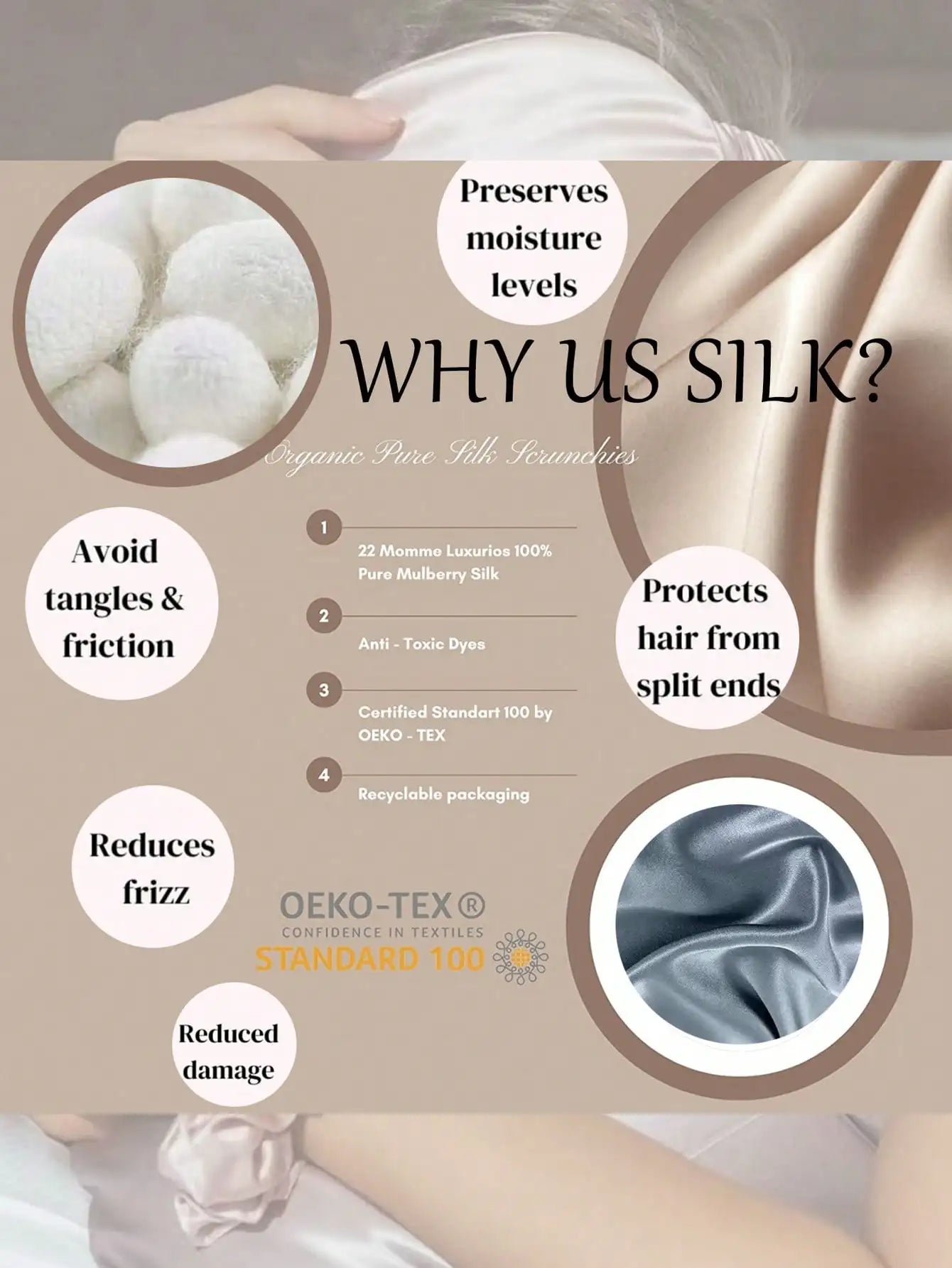 Silk Scrunchie on hair — no crease, no breakage, no dent