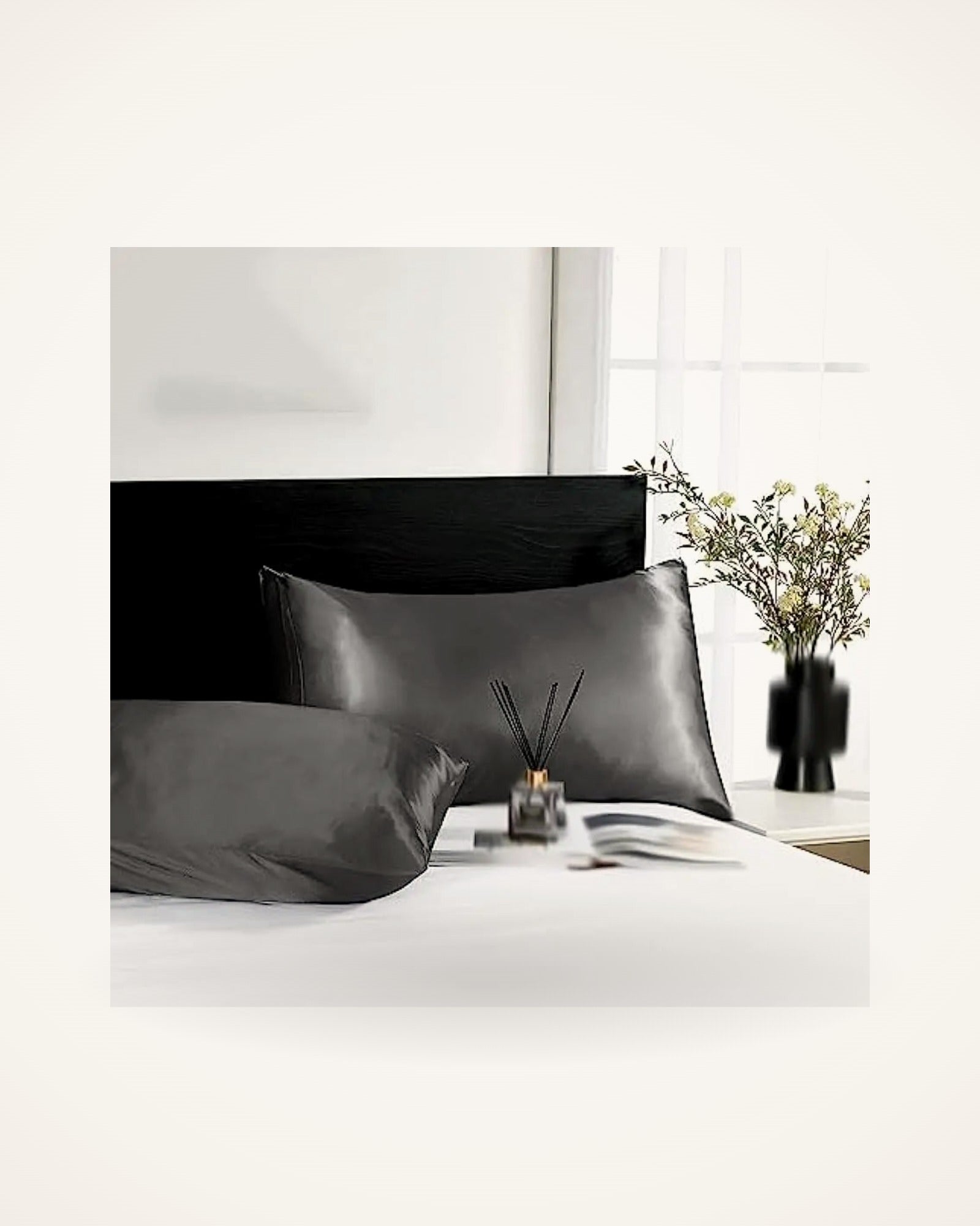 The Satin Pillowcase Set of 2 in Graphite, styled bedroom scene | Soie