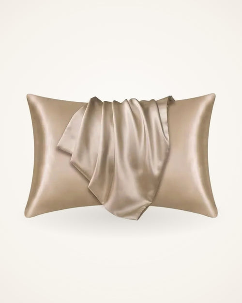 The Satin Pillowcase in Champagne — studio shot on warm bone backdrop | Soie