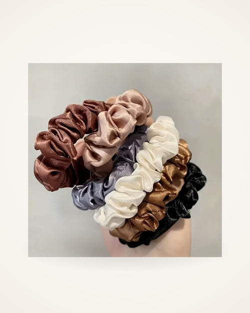 Satin Scrunchies Set of 6 in soft neutrals, studio shot | Soie
